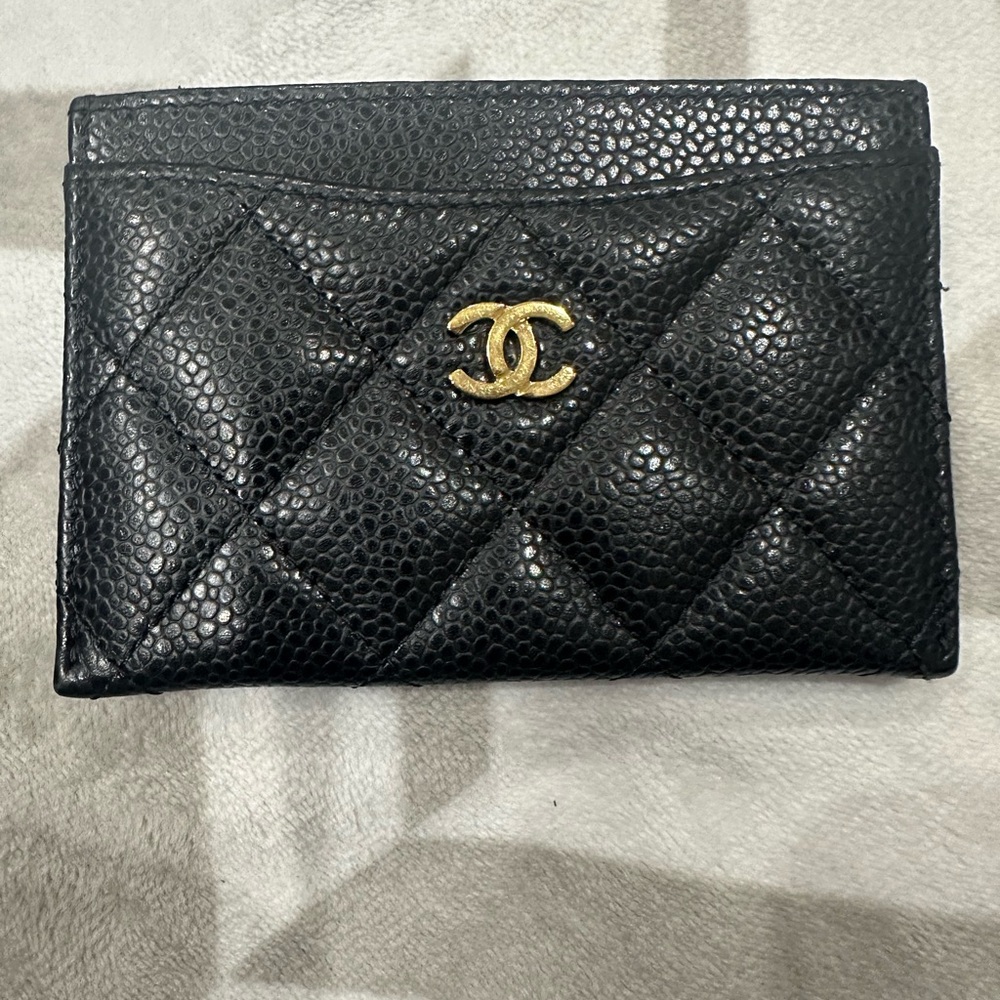 CHANEL Black Quilted Card Holder with Gold Logo